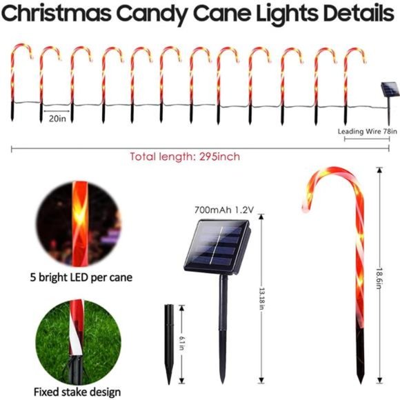 24 Pack Waterproof Solar Christmas Candy Cane Lights, Stake Lights with 8 Modes - Picture 2 of 7